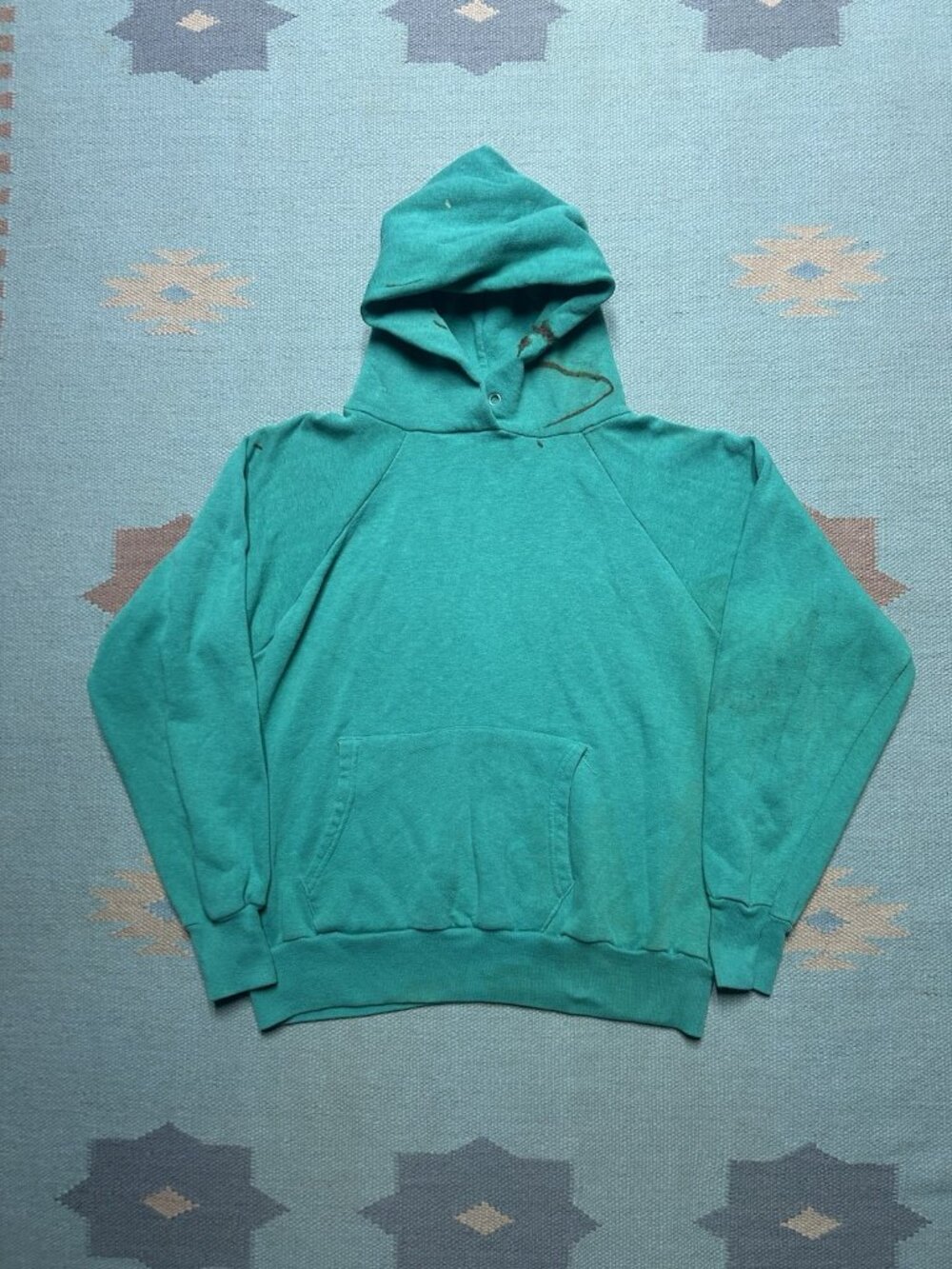 Vintage 70s pullover hoodie sweatshirt blank teal turquoise distressed Medium